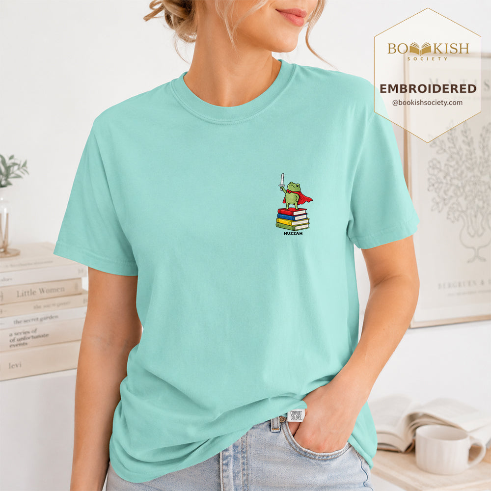 Embroidered Huzzah Cute Frog Comfort Color ® T-shirt Book Lover Gift Chalky Mint