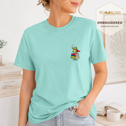 Embroidered Huzzah Cute Frog Comfort Color ® T-shirt Book Lover Gift Chalky Mint