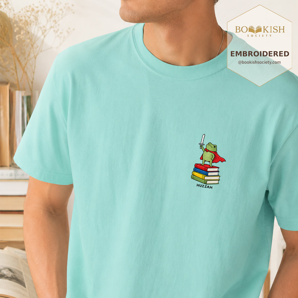 Embroidered Huzzah Cute Frog Comfort Color ® T-shirt Book Lover Gift Chalky Mint