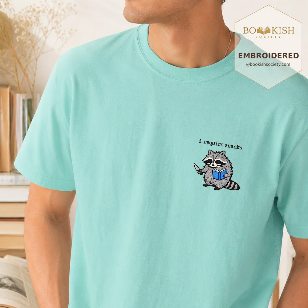 Embroidered I Require Snacks Comfort Color ® T-shirt Book Lover Gift Chalky Mint