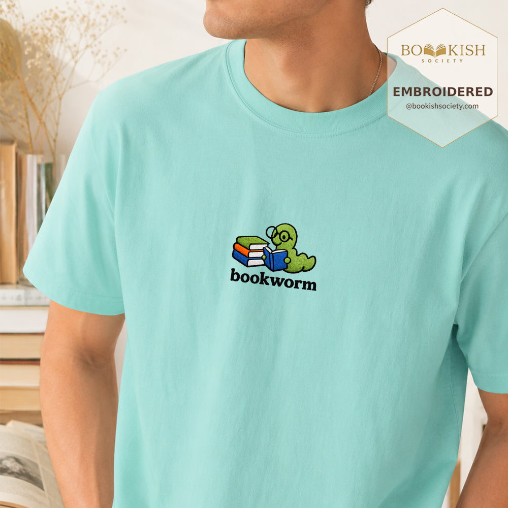 Embroidered Bookworm Comfort Color ® T-shirt Book Lover Gift Chalky Mint