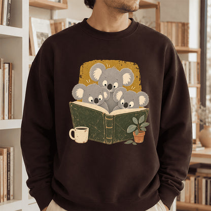Minimal Japanese Koalas Reading Crewneck Sweatshirt | Reader Gift Dark Chocolate