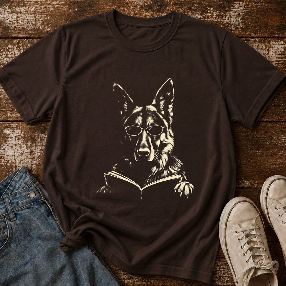 German Shepherd Reading Book Softstyle T-Shirt | Book Lover Gift Dark Chocolate