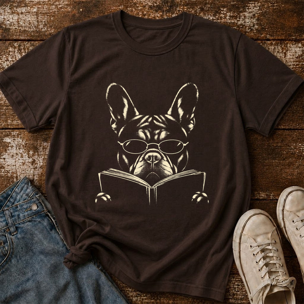 French Bulldog Reading Book Softstyle T-Shirt | Book Lover Gift Dark Chocolate