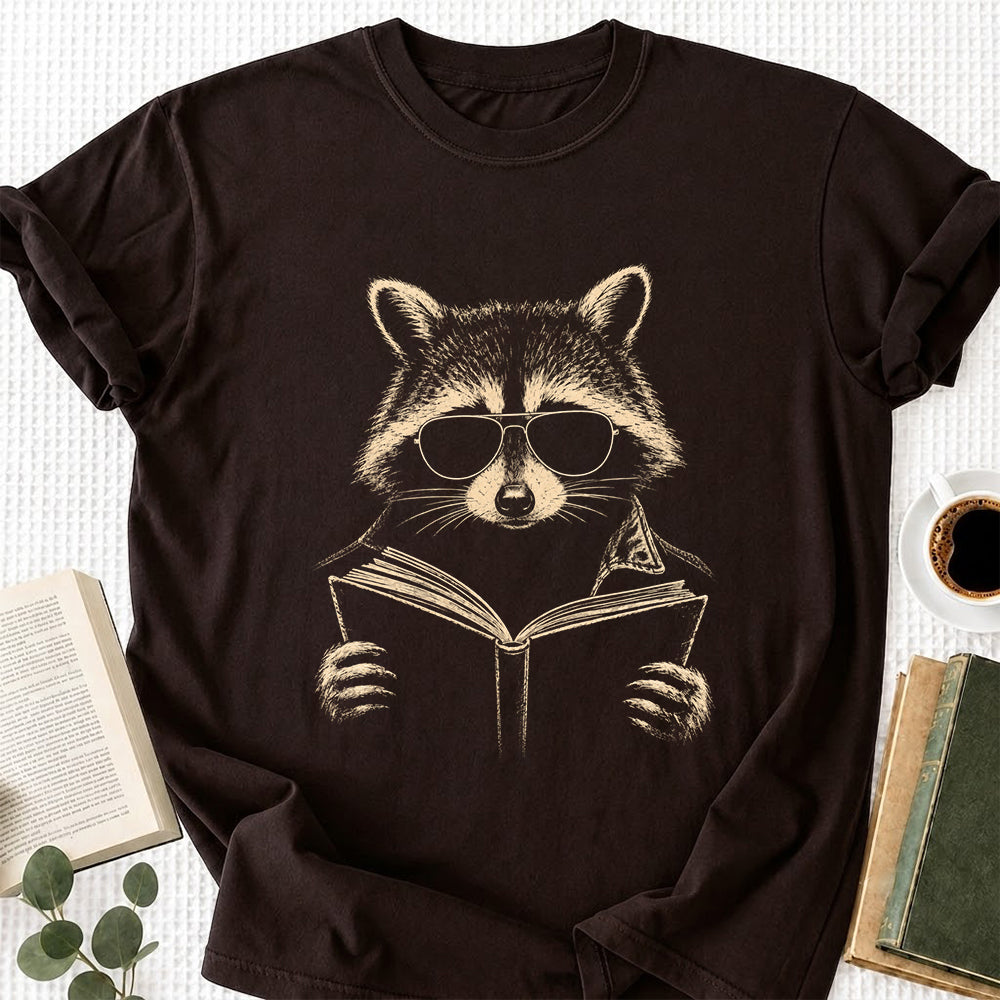Raccoon Reading Book Softstyle T-Shirt | Book Lover Gift Dark Chocolate
