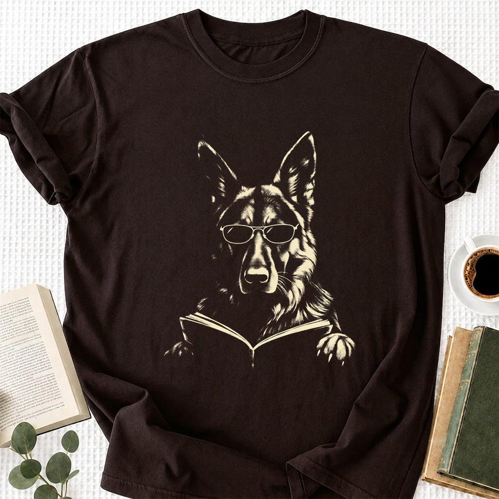 German Shepherd Reading Book Softstyle T-Shirt | Book Lover Gift Dark Chocolate