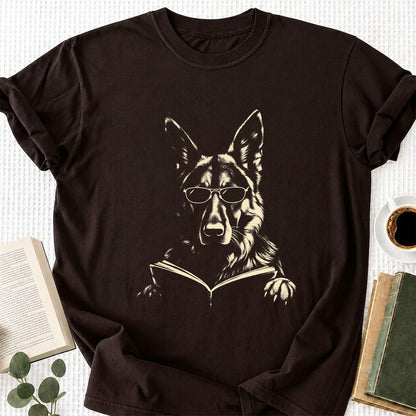 German Shepherd Reading Book Softstyle T-Shirt | Book Lover Gift Dark Chocolate