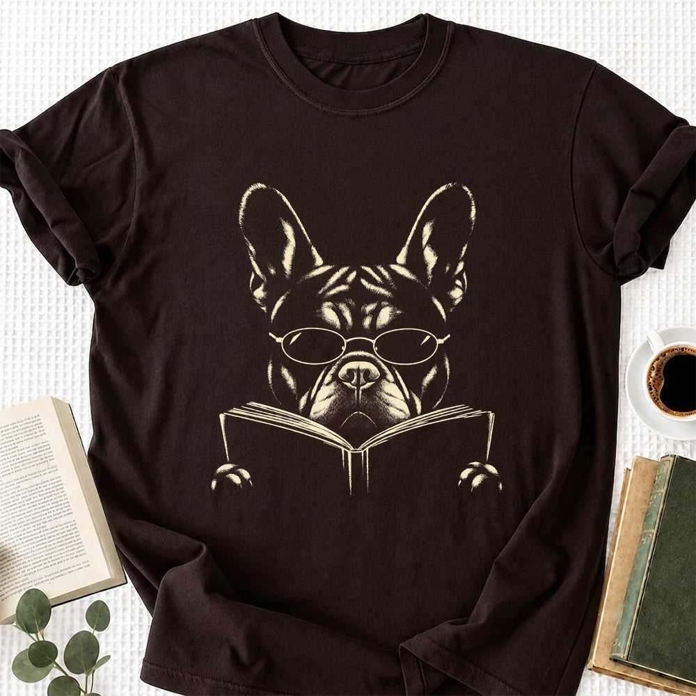French Bulldog Reading Book Softstyle T-Shirt | Book Lover Gift Dark Chocolate