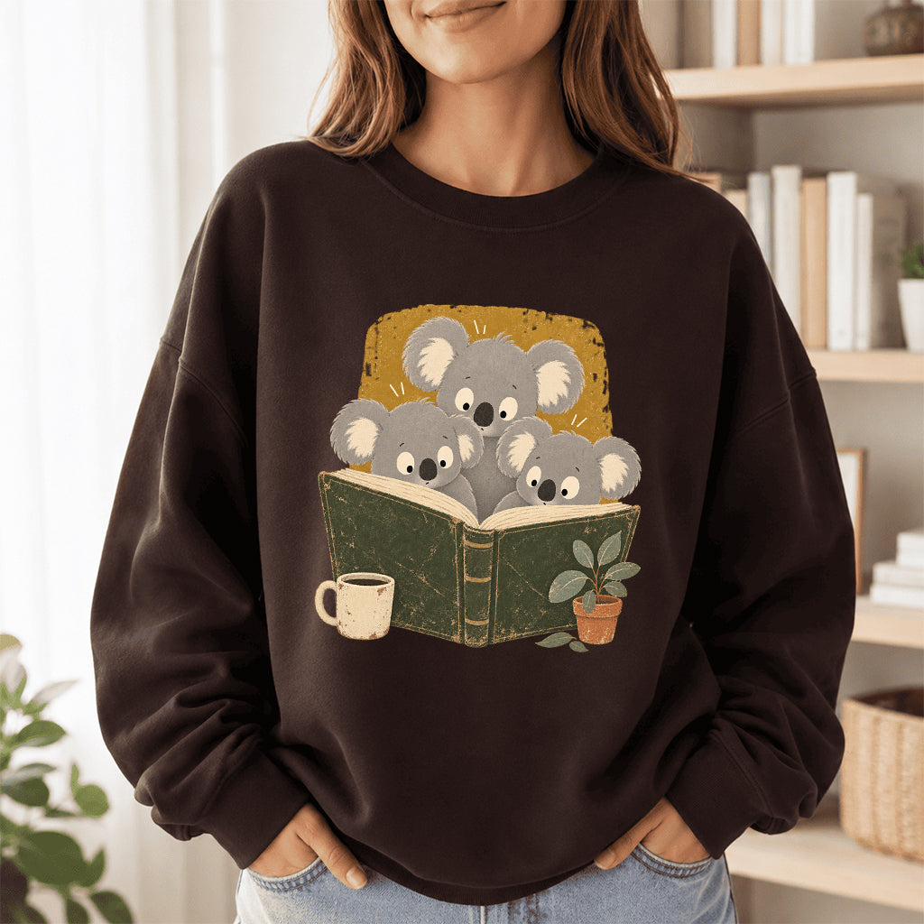 Minimal Japanese Koalas Reading Crewneck Sweatshirt | Reader Gift Dark Chocolate