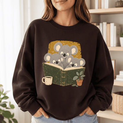 Minimal Japanese Koalas Reading Crewneck Sweatshirt | Reader Gift Dark Chocolate