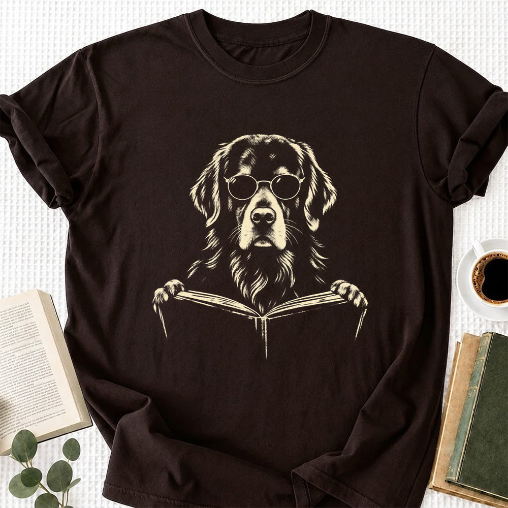 Golden Retriever Reading Book Softstyle T-Shirt | Book Lover Gift Dark Chocolate