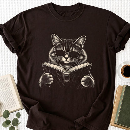Cat Reading Book Softstyle T-Shirt | Book Lover Gift Dark Chocolate