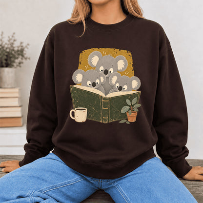Minimal Japanese Koalas Reading Crewneck Sweatshirt | Reader Gift Dark Chocolate