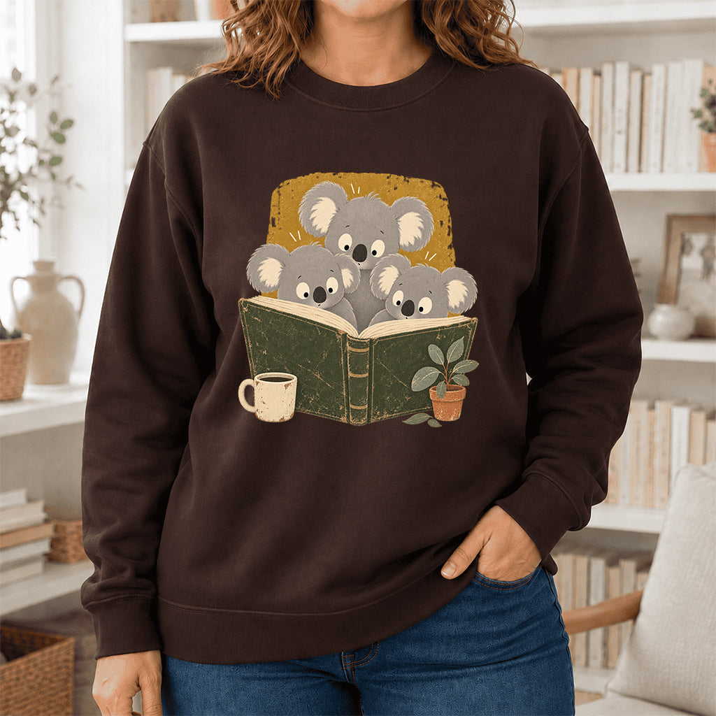 Minimal Japanese Koalas Reading Crewneck Sweatshirt | Reader Gift Dark Chocolate