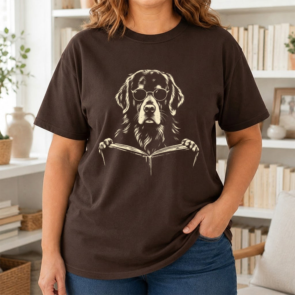 Golden Retriever Reading Book Softstyle T-Shirt | Book Lover Gift Dark Chocolate