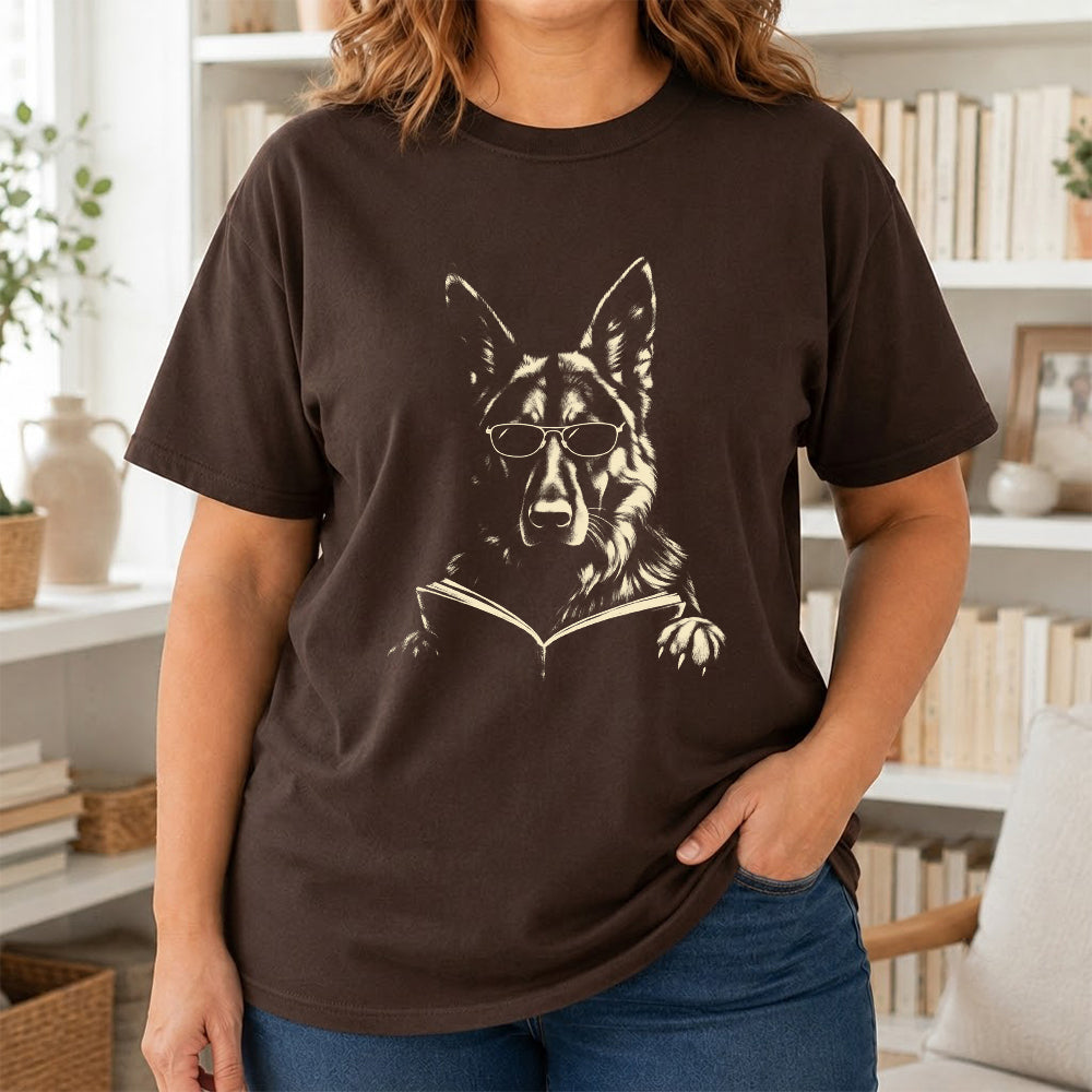 German Shepherd Reading Book Softstyle T-Shirt | Book Lover Gift Dark Chocolate