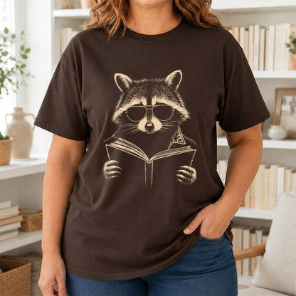 Raccoon Reading Book Softstyle T-Shirt | Book Lover Gift Dark Chocolate