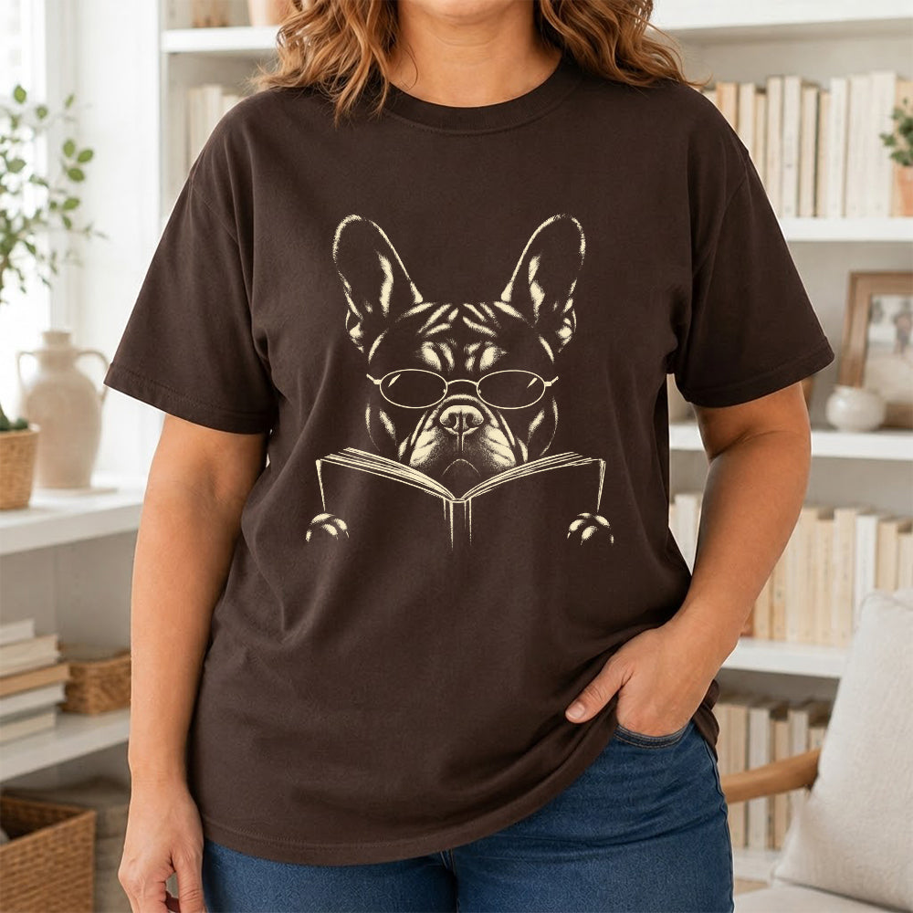 French Bulldog Reading Book Softstyle T-Shirt | Book Lover Gift Dark Chocolate