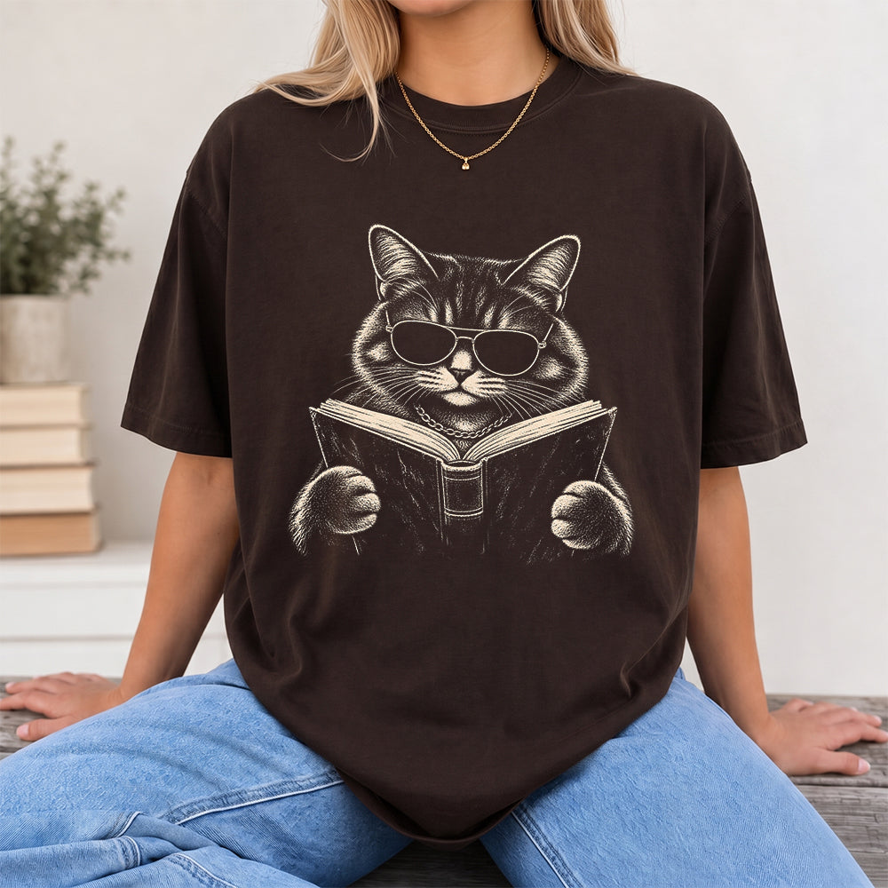 Cat Reading Book Softstyle T-Shirt | Book Lover Gift Dark Chocolate