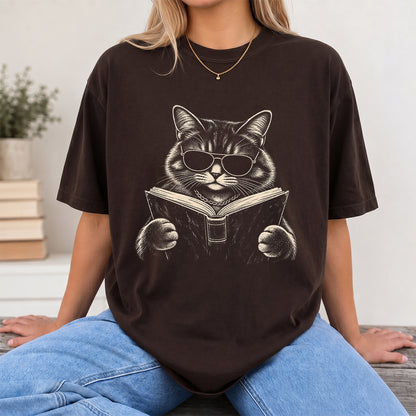 Cat Reading Book Softstyle T-Shirt | Book Lover Gift Dark Chocolate