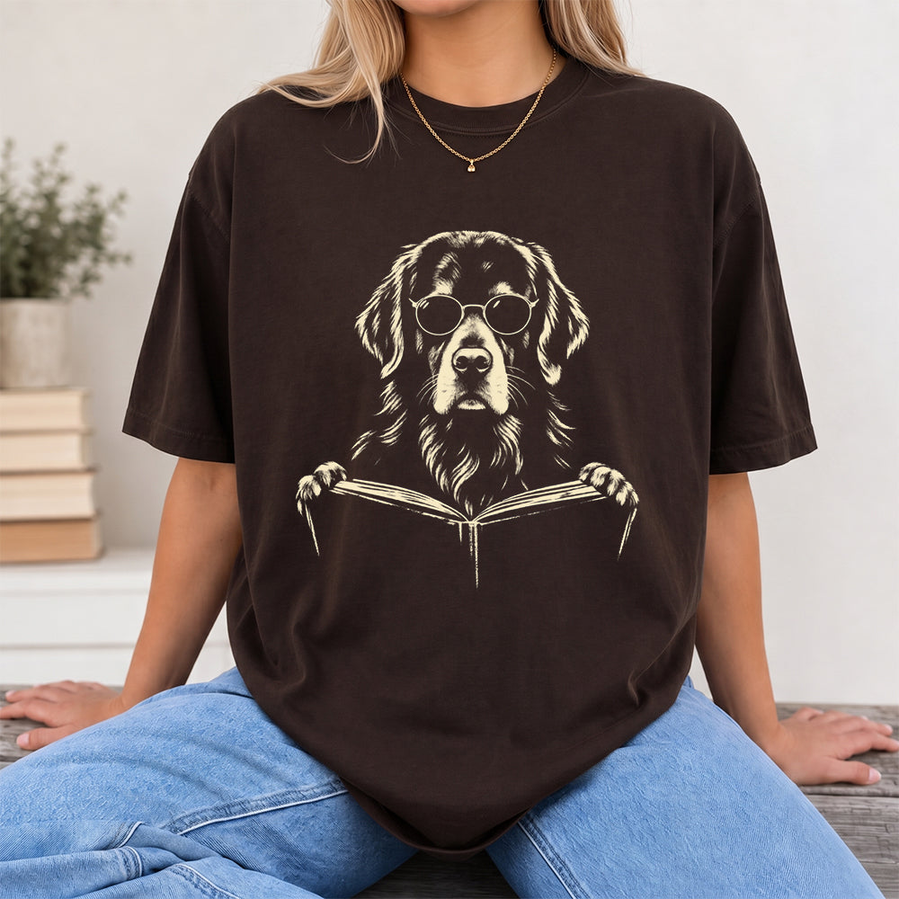 Golden Retriever Reading Book Softstyle T-Shirt | Book Lover Gift Dark Chocolate