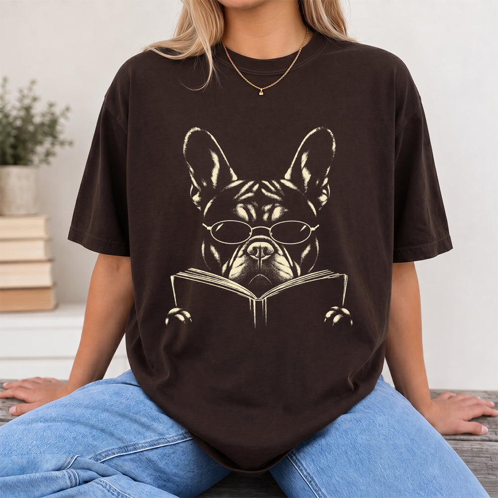 French Bulldog Reading Book Softstyle T-Shirt | Book Lover Gift Dark Chocolate