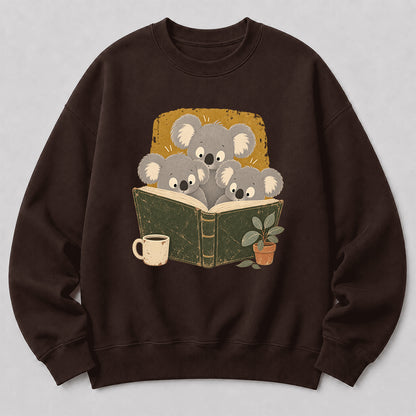 Minimal Japanese Koalas Reading Crewneck Sweatshirt | Reader Gift Dark Chocolate