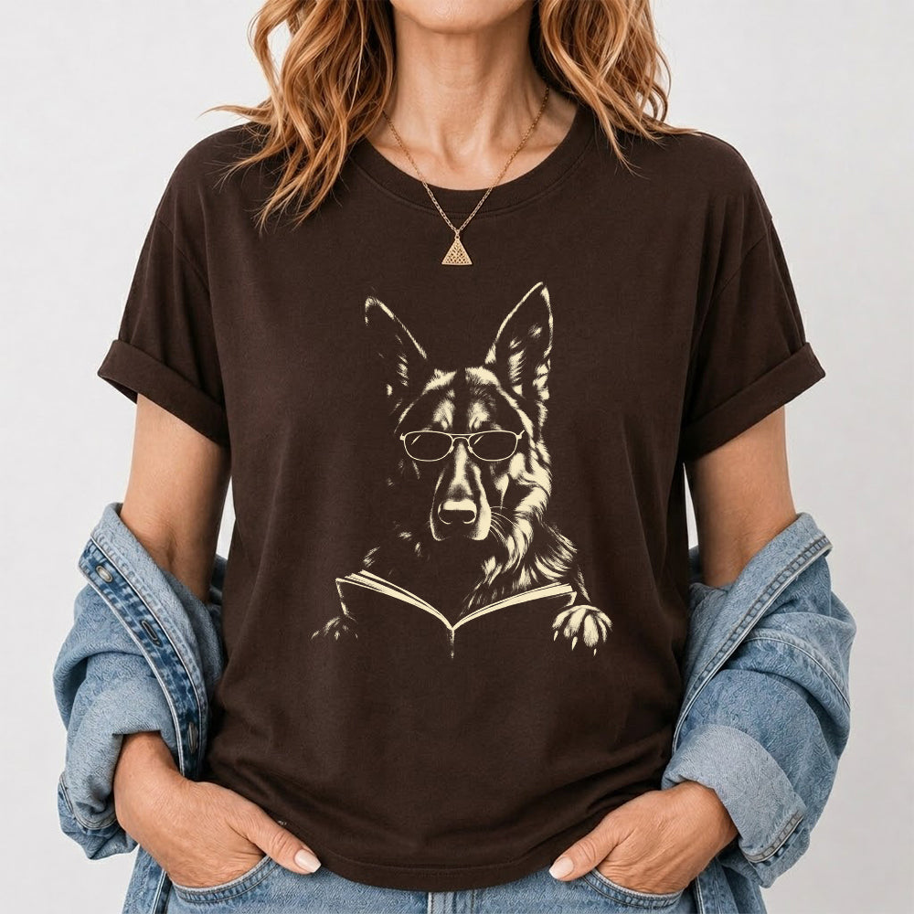 German Shepherd Reading Book Softstyle T-Shirt | Book Lover Gift Dark Chocolate