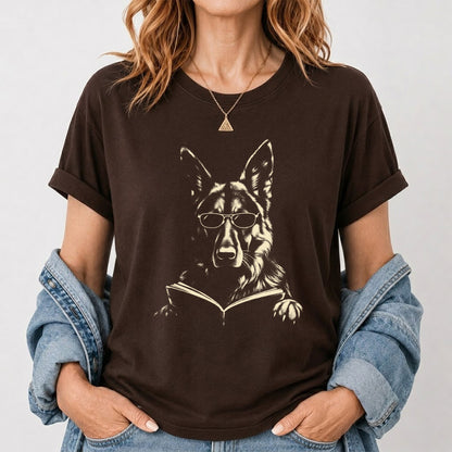 German Shepherd Reading Book Softstyle T-Shirt | Book Lover Gift Dark Chocolate