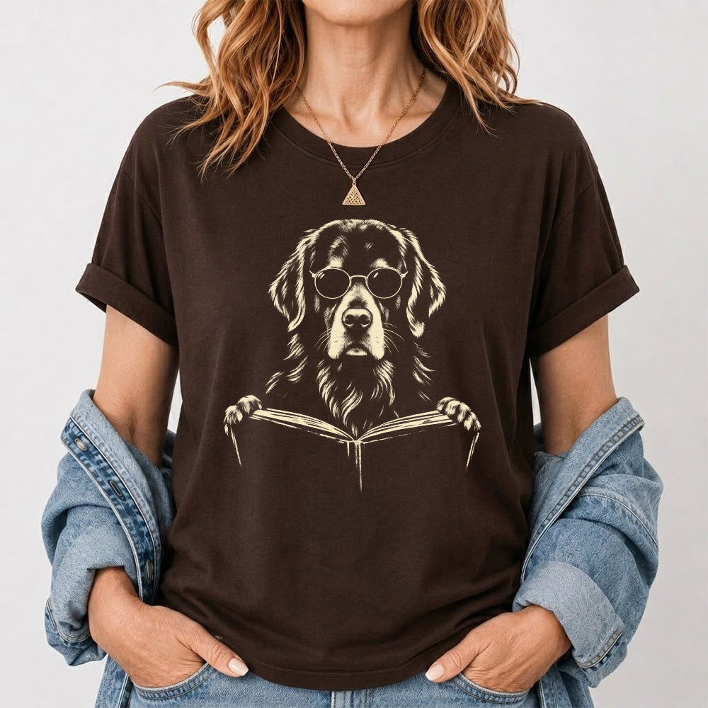 Golden Retriever Reading Book Softstyle T-Shirt | Book Lover Gift Dark Chocolate