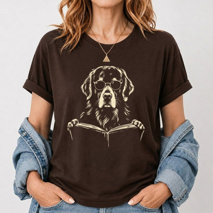 Golden Retriever Reading Book Softstyle T-Shirt | Book Lover Gift Dark Chocolate