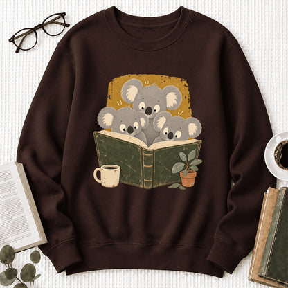 Minimal Japanese Koalas Reading Crewneck Sweatshirt | Reader Gift Dark Chocolate