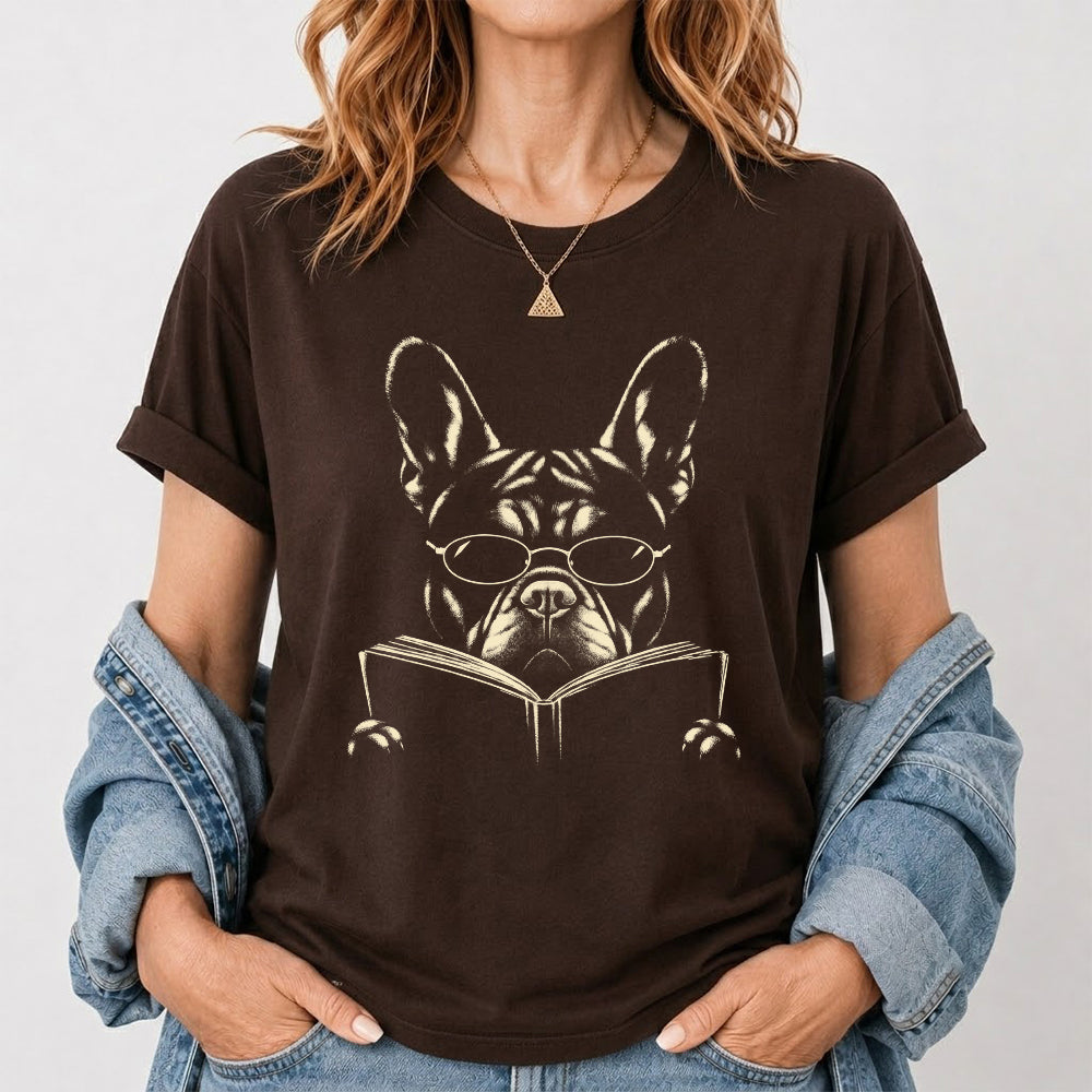 French Bulldog Reading Book Softstyle T-Shirt | Book Lover Gift Dark Chocolate