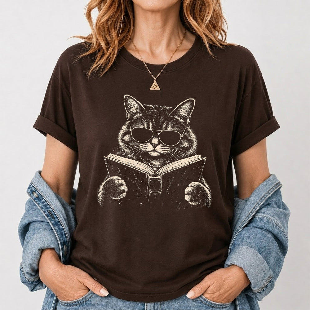 Cat Reading Book Softstyle T-Shirt | Book Lover Gift Dark Chocolate