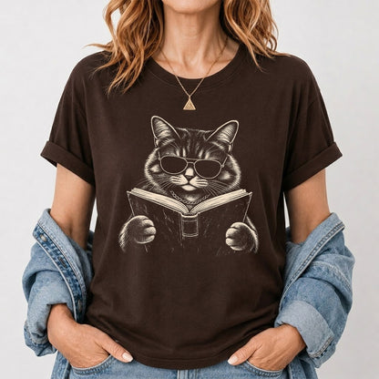 Cat Reading Book Softstyle T-Shirt | Book Lover Gift Dark Chocolate