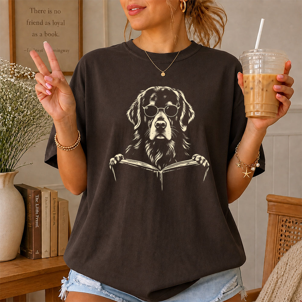 Golden Retriever Reading Book Softstyle T-Shirt | Book Lover Gift Dark Chocolate