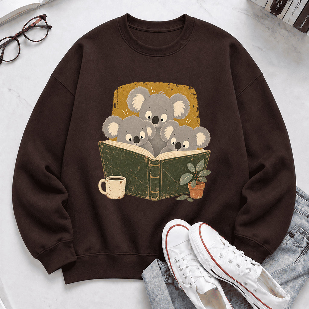 Minimal Japanese Koalas Reading Crewneck Sweatshirt | Reader Gift Dark Chocolate