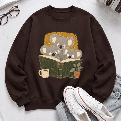 Minimal Japanese Koalas Reading Crewneck Sweatshirt | Reader Gift Dark Chocolate