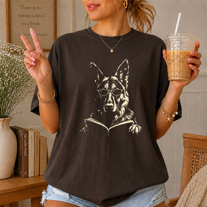 German Shepherd Reading Book Softstyle T-Shirt | Book Lover Gift Dark Chocolate