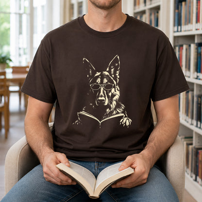 German Shepherd Reading Book Softstyle T-Shirt | Book Lover Gift Dark Chocolate