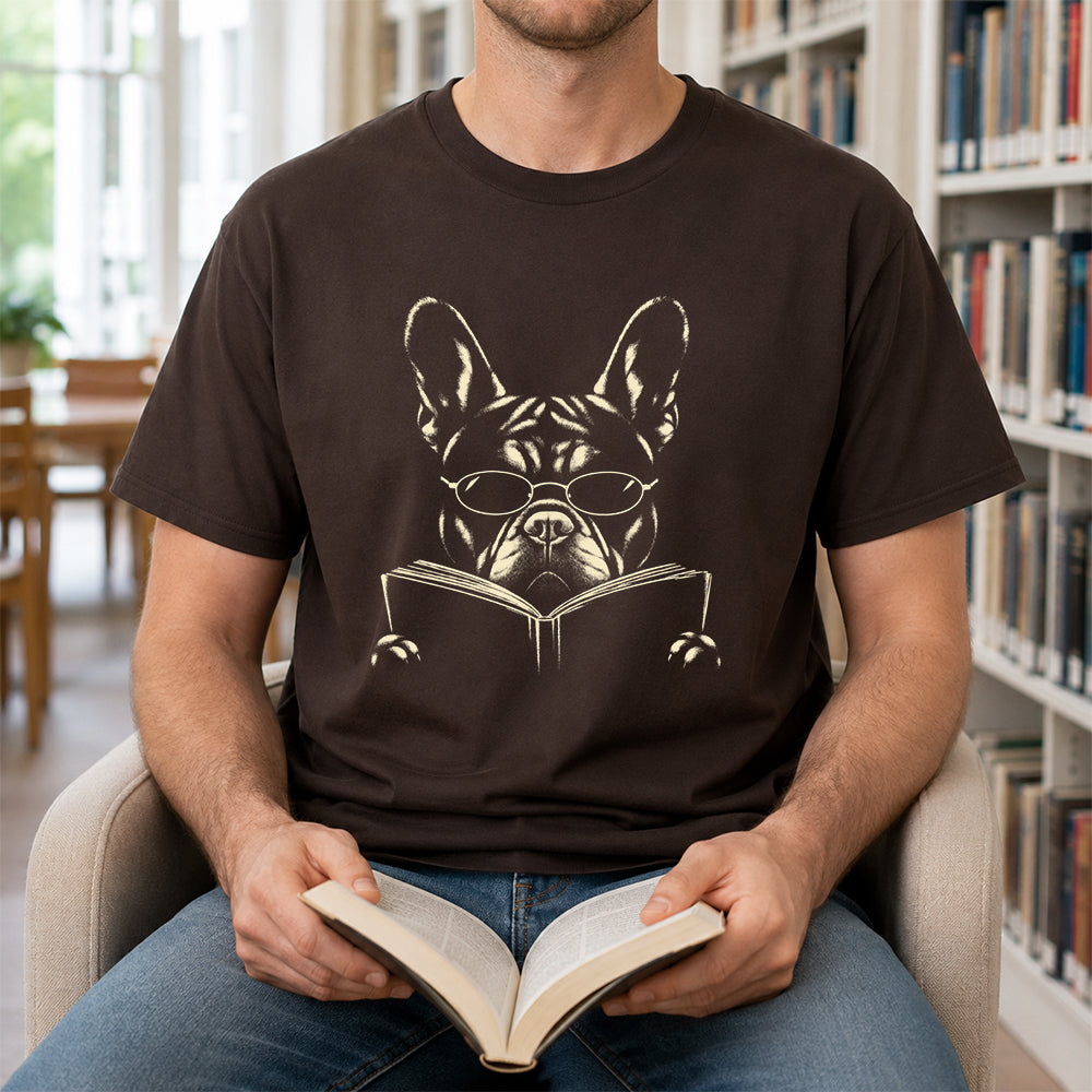 French Bulldog Reading Book Softstyle T-Shirt | Book Lover Gift Dark Chocolate