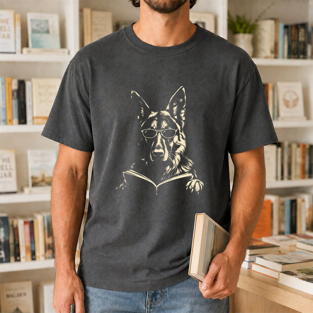 German Shepherd Reading Book Softstyle T-Shirt | Book Lover Gift Dark Heather