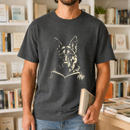 German Shepherd Reading Book Softstyle T-Shirt | Book Lover Gift Dark Heather