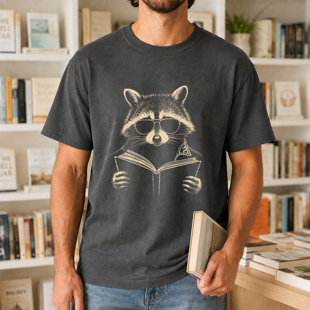 Raccoon Reading Book Softstyle T-Shirt | Book Lover Gift Dark Heather
