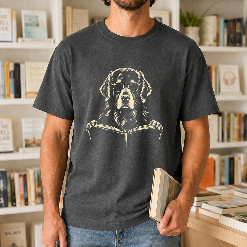 Golden Retriever Reading Book Softstyle T-Shirt | Book Lover Gift Dark Heather