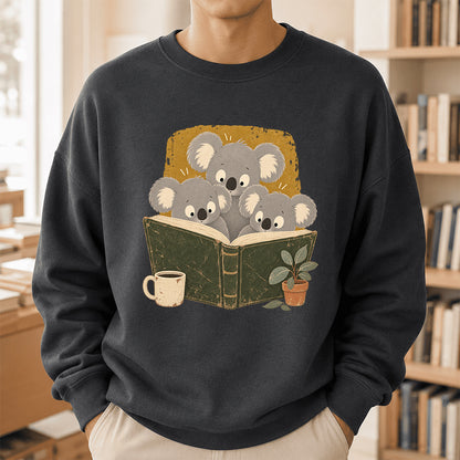 Minimal Japanese Koalas Reading Crewneck Sweatshirt | Reader Gift Dark Heather
