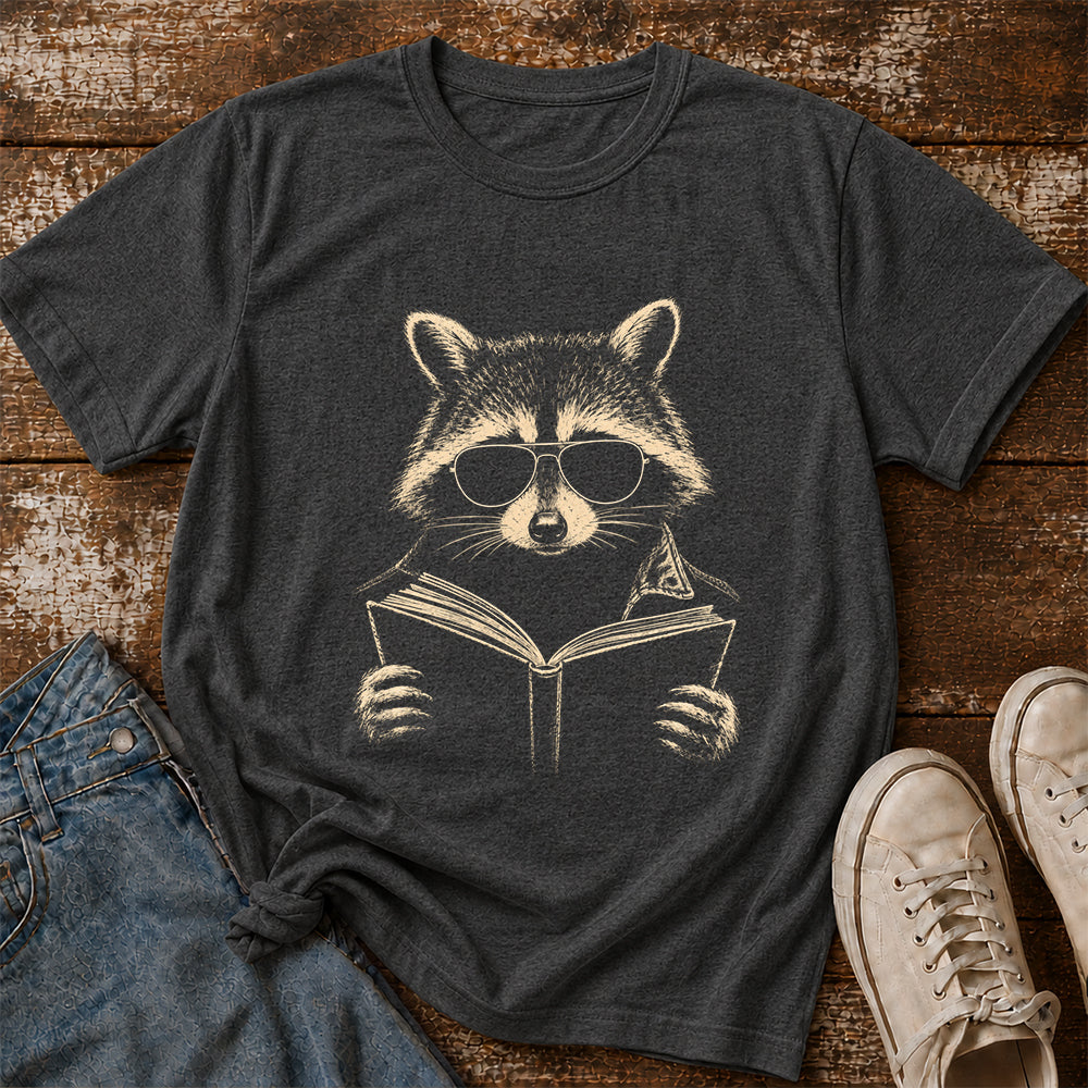 Raccoon Reading Book Softstyle T-Shirt | Book Lover Gift Dark Heather