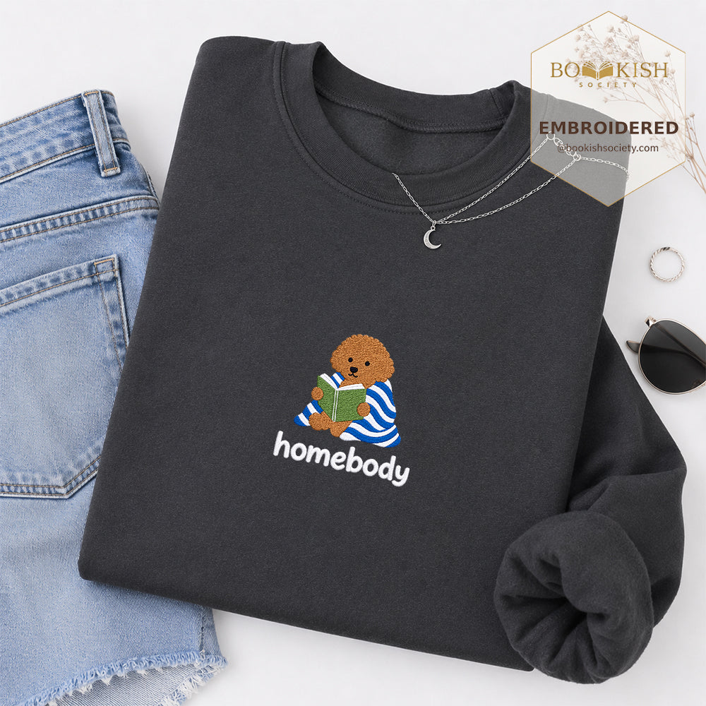 Homebody Poodle Embroidered Sweatshirt | Reader Gift Dark Heather
