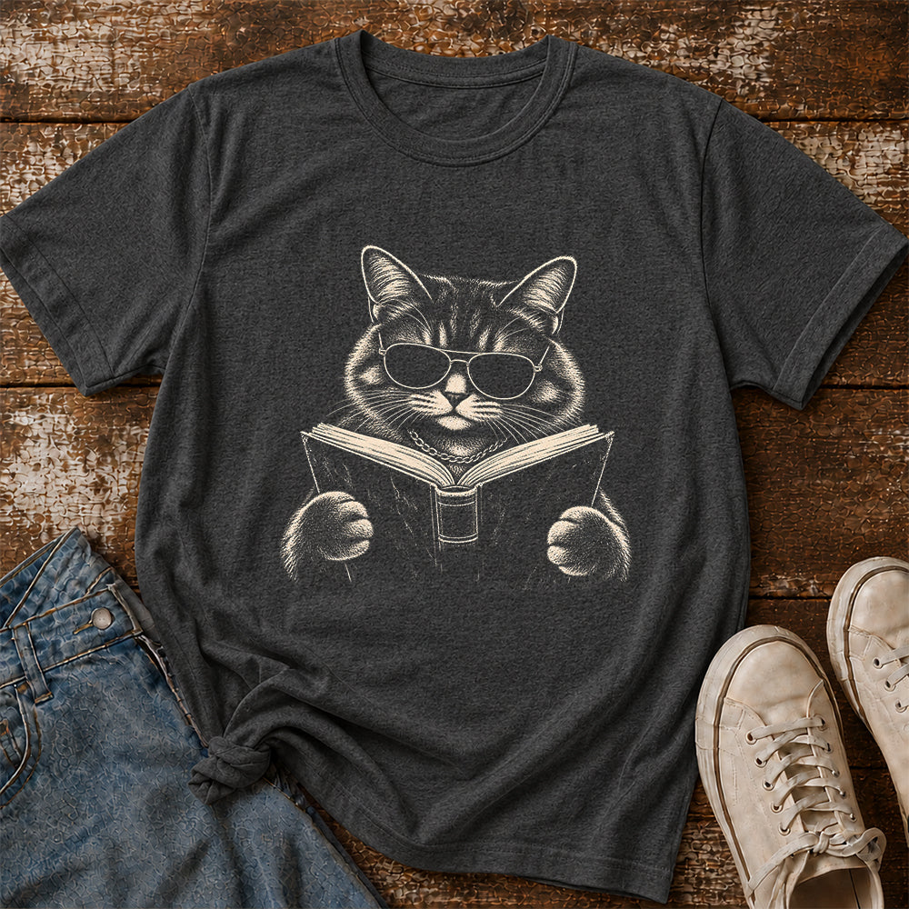 Cat Reading Book Softstyle T-Shirt | Book Lover Gift Dark Heather