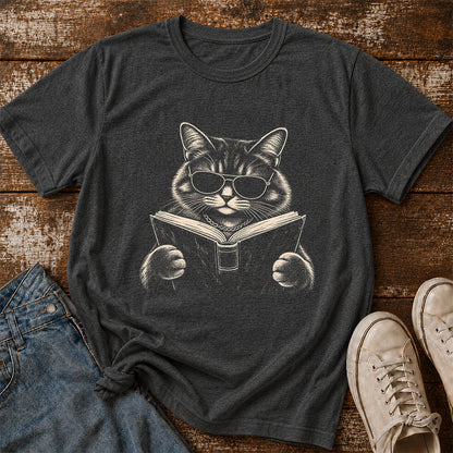 Cat Reading Book Softstyle T-Shirt | Book Lover Gift Dark Heather